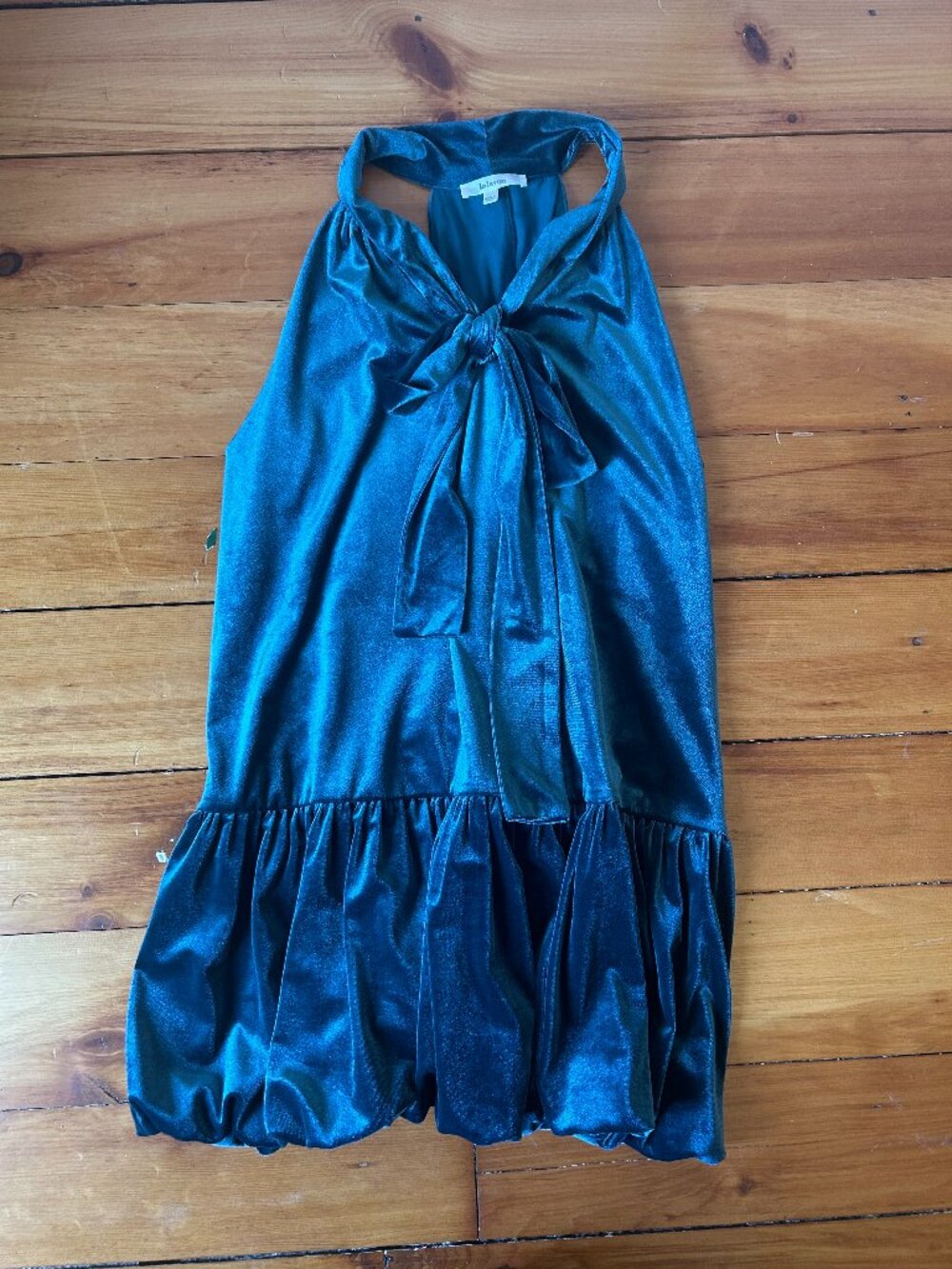 Lalavon Velvet Halter Bow Tie Bubble Hem Mini Dress